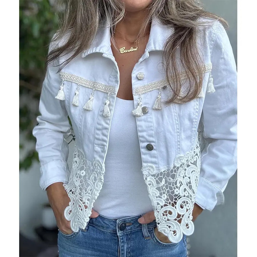Women's Fitted White Denim Jacket - Elegant Cropped Women's Clothing with Sweet Lace Trim, Tassels for Spring, Autumn