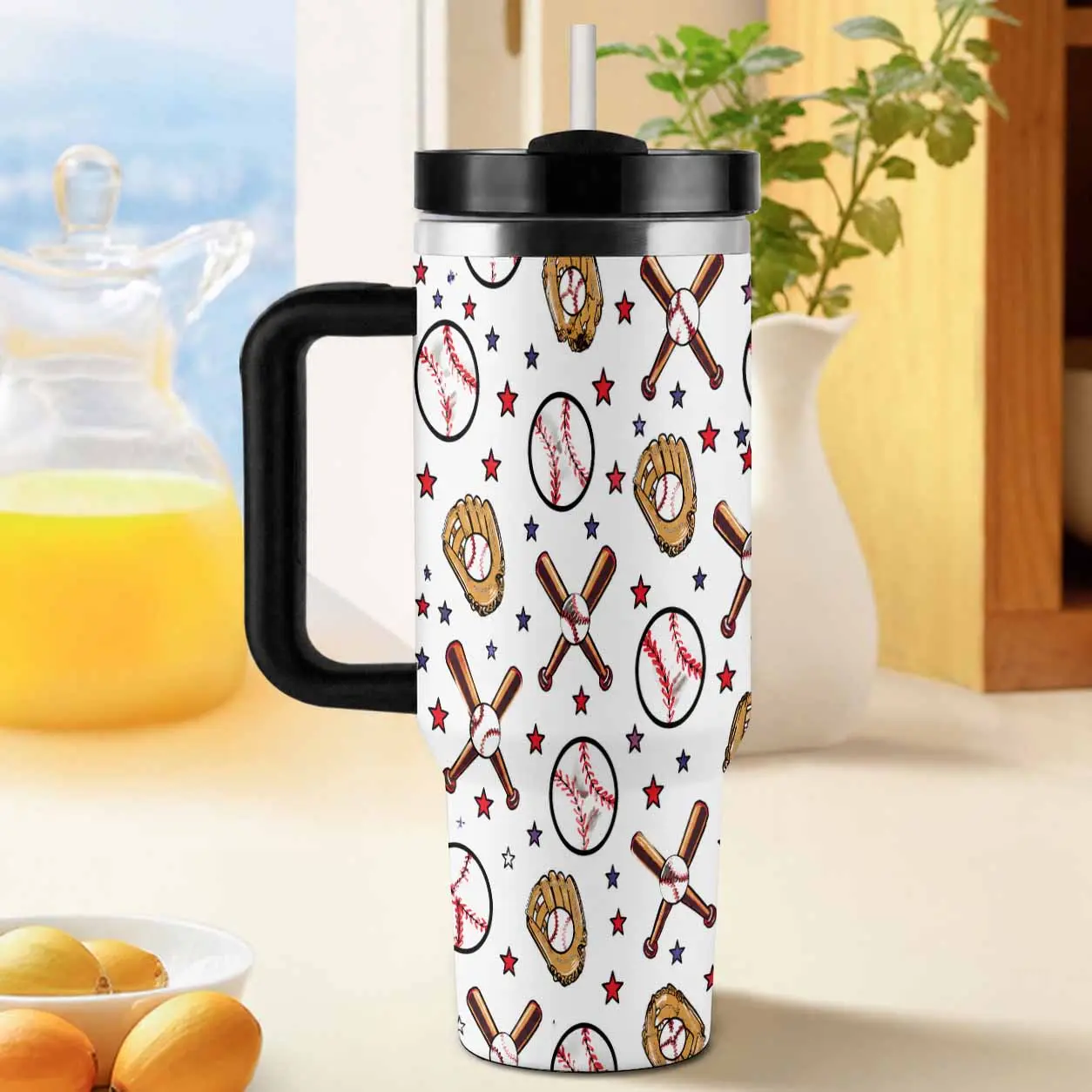 Baseball 40oz Tumbler. Sporty Baseball And Glove Print. Double Wall Vacuum Insulated Stainless Steel. Keep Drinks Hot Or Cold. Perfect For Sports Games. Ideal For Daily Commute. Gift For Baseball Fans. Sports Lovers Drinkware. Durable Travel Cup.