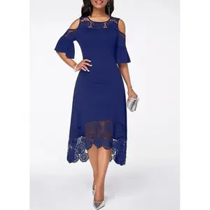 Hollowed Out Lace Bridesmaid Dress, Round Neck Off Shoulder Ruffle Sleeve Dress, Suitable for Parties In The Mid Length Dress, Graduation Gift, Essential for Returning To School