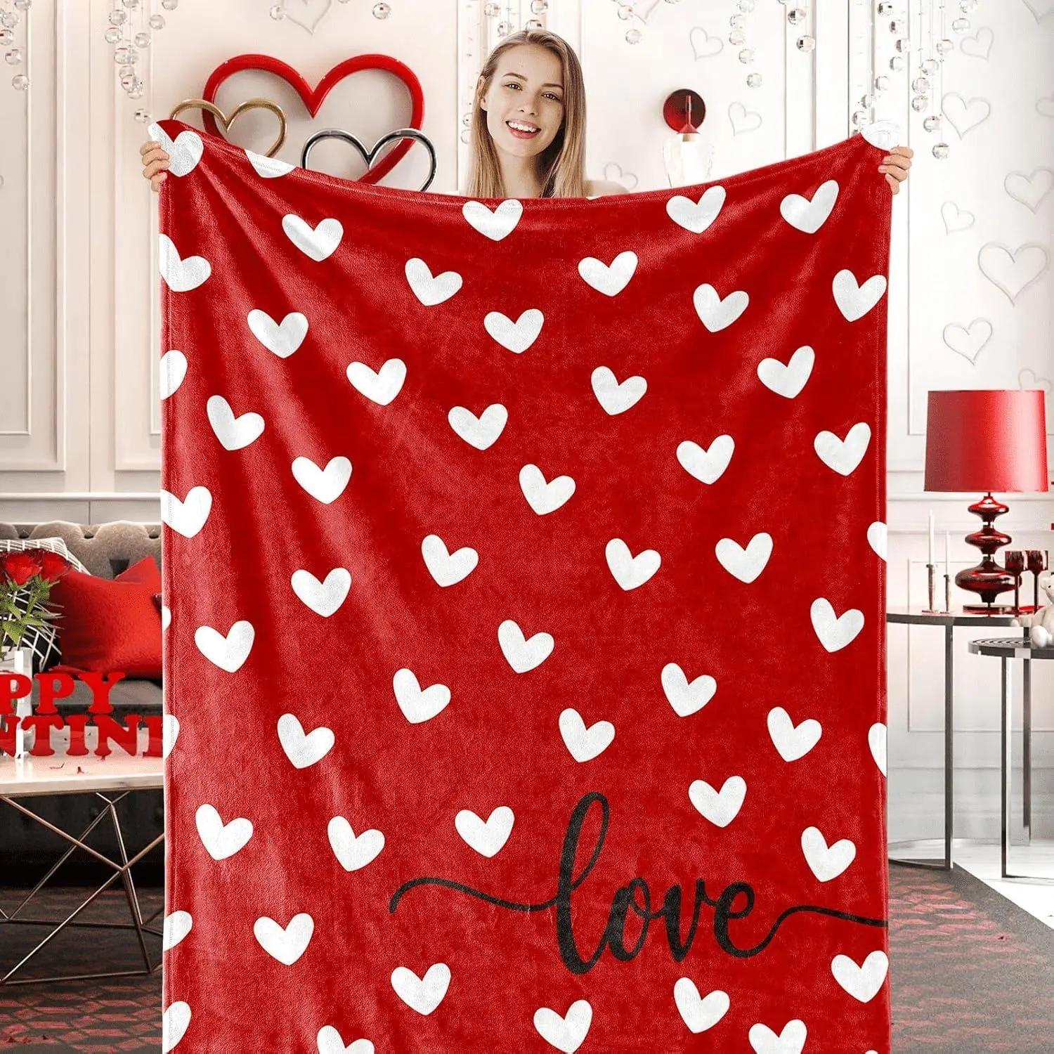 Valentine Fuzzy Blanket Love Heart Throw Blanket Red Cozy Flannel Blanket for Home Bed Sofa Couch Chair