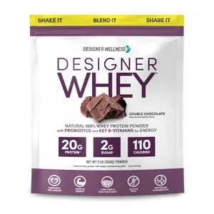 Designer Wellness, Designer Whey, Natural Whey Protein Powder with Probiotics, Fiber, and Key B-Vitamins for Energy, Gluten-Free, Double Chocolate, 2 lb