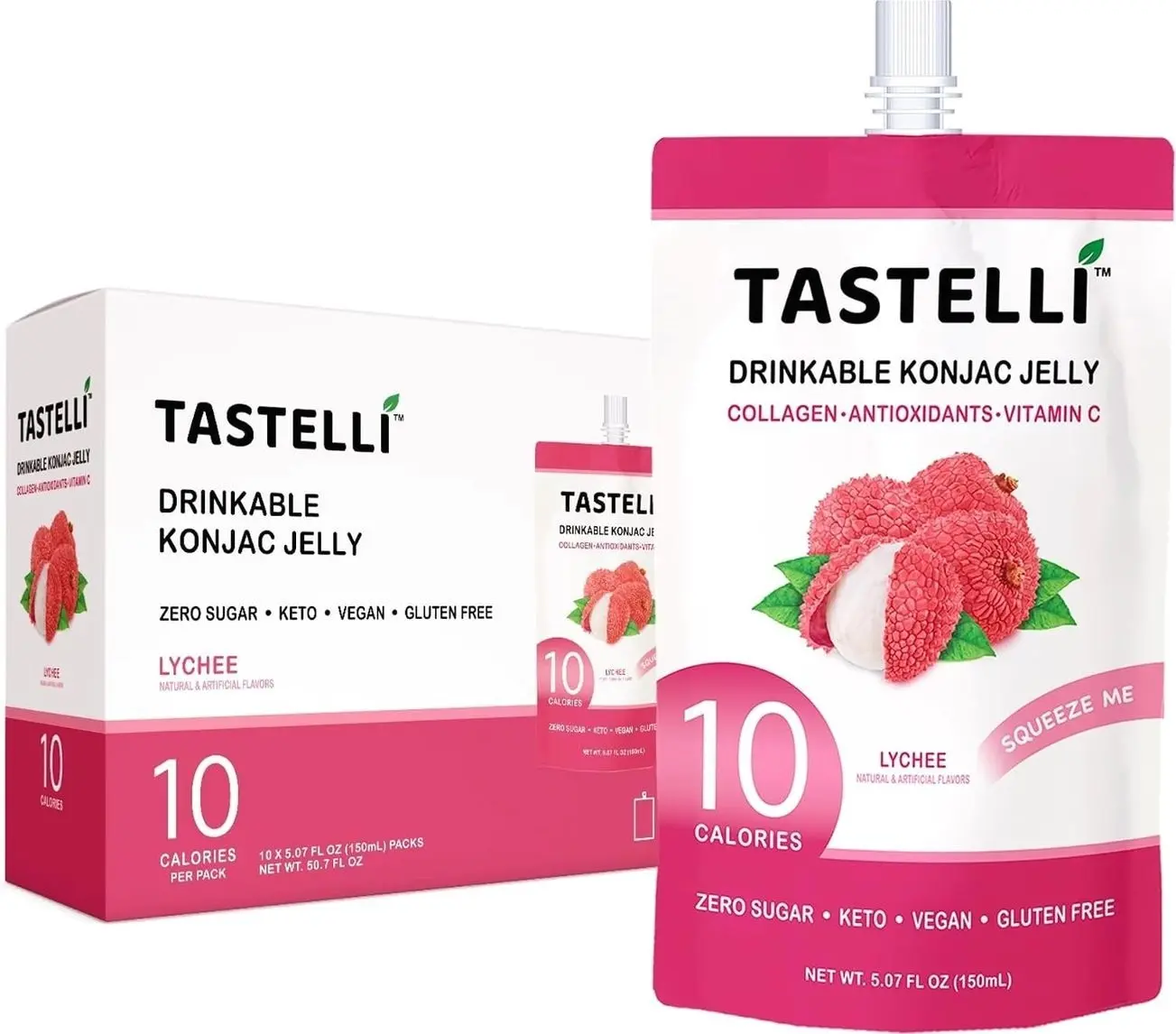 Tastelli Konjac Jelly Infused with Collagen Drink + Vitamin C + Antioxidants / 10 Calories, Vegan, Zero Sugar/Healthy Drinkable Dessert Pouch / (Lychee) - 150mL x 10 Pouches
