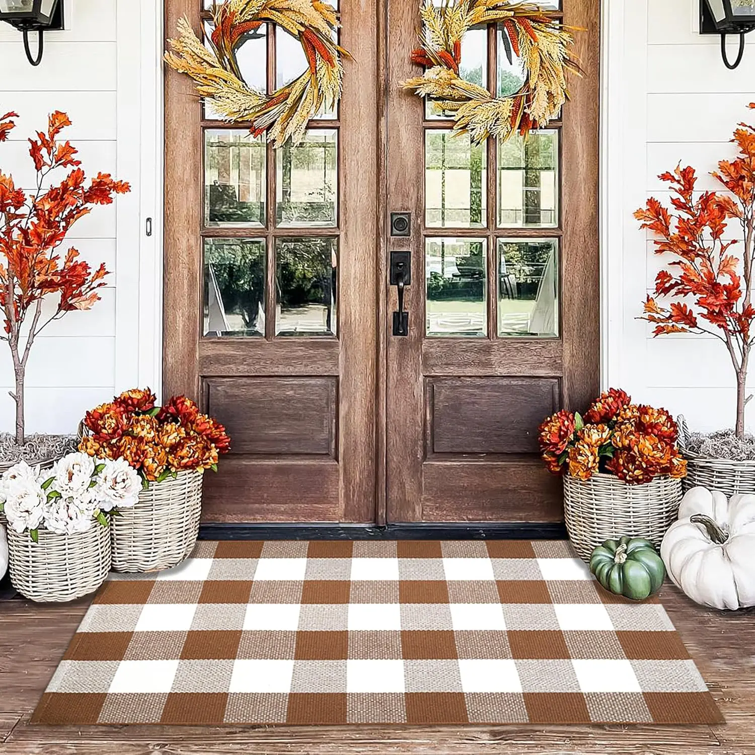 Buffalo Plaid Outdoor Rugs, 28'' x 43'' Coffe and White Checkered Area Rug, Layering Rug for Hello/Welcome Door Mat, Washable Cotton Woven Farmhouse Mat for Front Porch Decor