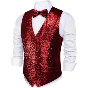 Mens Sequins Vest Formal/Leisure V-neck Shiny Waistcoat Bowtie Set Prom Party Tuxedo