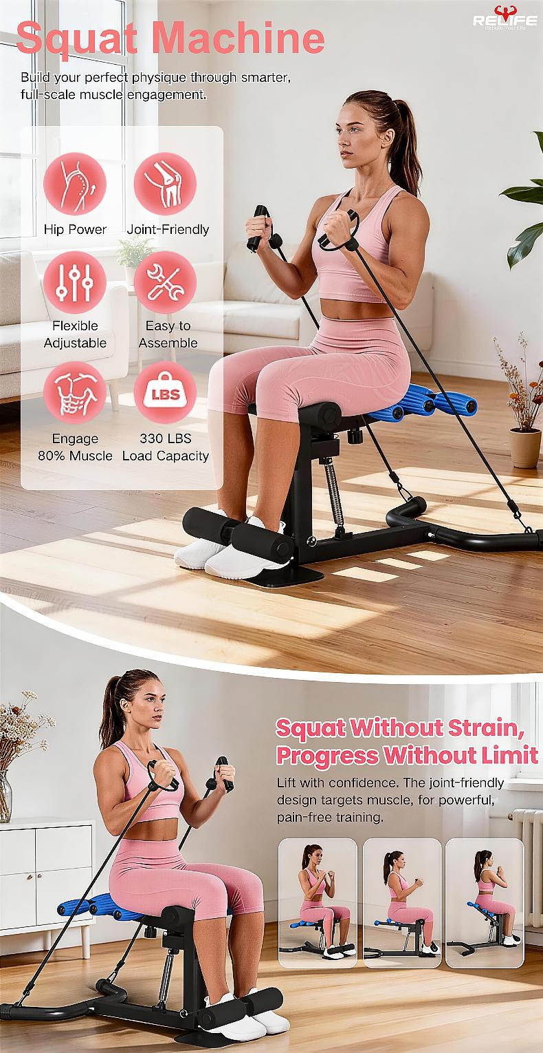RELIFE Deep Squat Machine Adjustable Glute Trainer, Home Gym Leg & Core Workout Equipment with Resistance Bands, Ab Bench Sit-Up Trainer & Push-Up System RELIFE Deep Squat Machine Adjustable Glute Trainer, Home Gym Leg & Core Workout Equipment with Resistance Bands, Ab Bench Sit-Up Trainer & Push-Up System