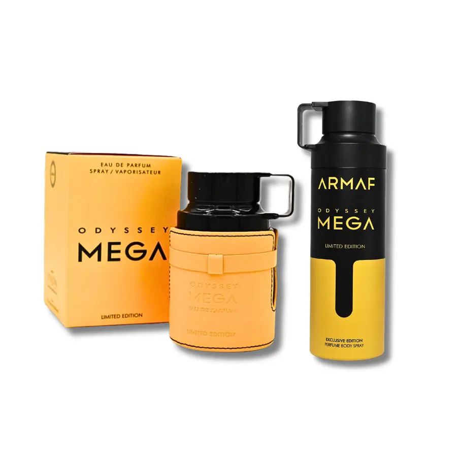 Armaf Odyssey Mega Limited Edition Men's 2-Piece Fragrance Gift Set - 3.4 fl oz Eau de Parfum, 6.8 fl oz Body Spray, Long-Lasting Captivating Scent with Citrus, Musk, Woody & Green Tea Notes, Herbal Liquid, Chemical Free, Contains Alcohol