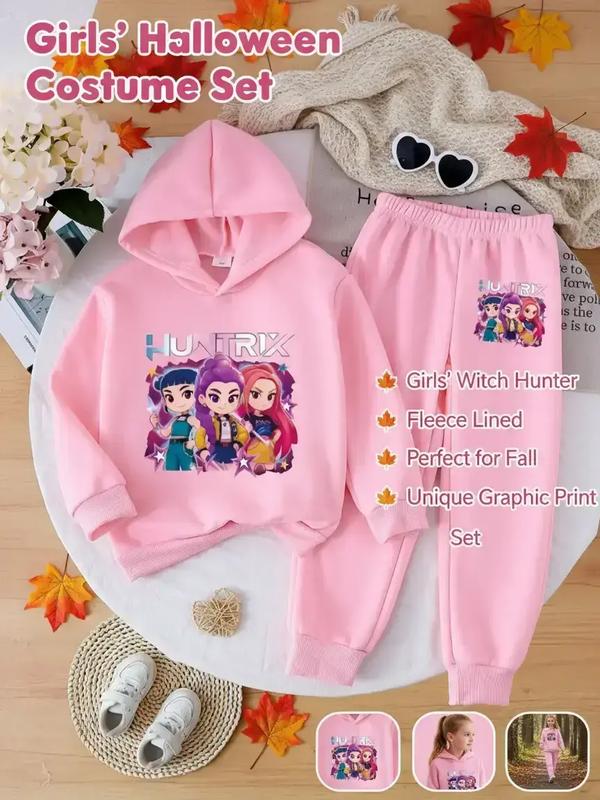 Girls' Witch Hunter Corps Warm Hoodie & Joggers Set, Cozy Fleece Lined Outfit For Fall & Winter