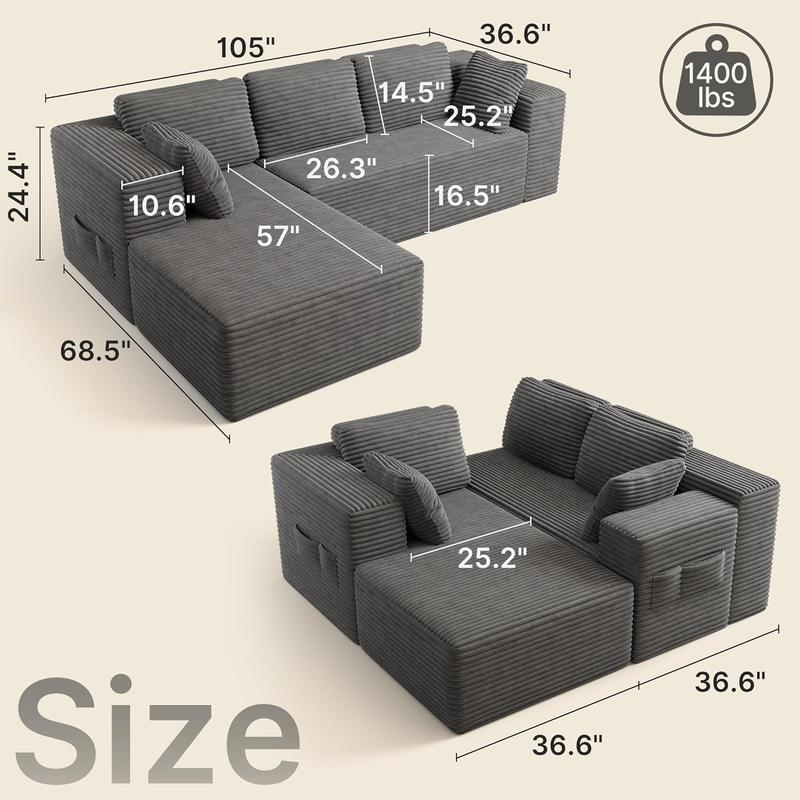 【2 Packages Shipping】Gizoon 105" Cloud Sectional Couch with L-Shape Chaise, Modular Boneless Sofa for Living Room, Upholstered Corduroy Couch with Deep Seat, No Assembly Required (Grey, Left Facing Chaise)