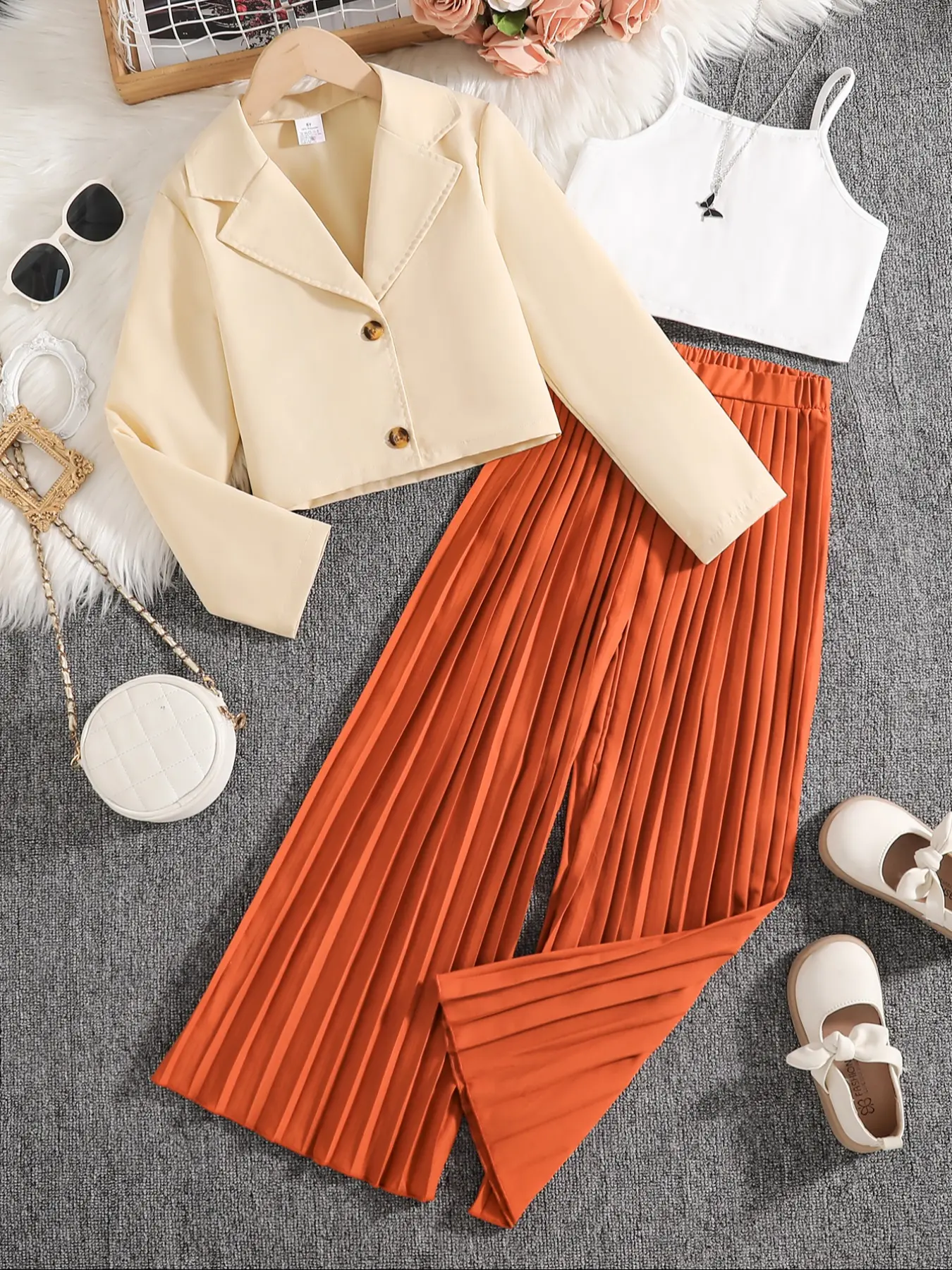 3pcs Girls' Casual Blazer Set, Casual Outfit Set, Open Front Cardigan + Cami Top + Pleated Pants, Spring Fall Winter, Ages 8-12Y, Outdoor Party Gift, Clothes Kids
