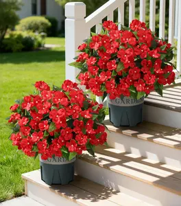 Ivydale Artificial Flowers for Outdoors, 2 Set Fake Potted Flowers 12 Bundles UV Resistant Realistic Silk Faux Impatiens with Pot for Outside Balcony Garden Window Box, Red