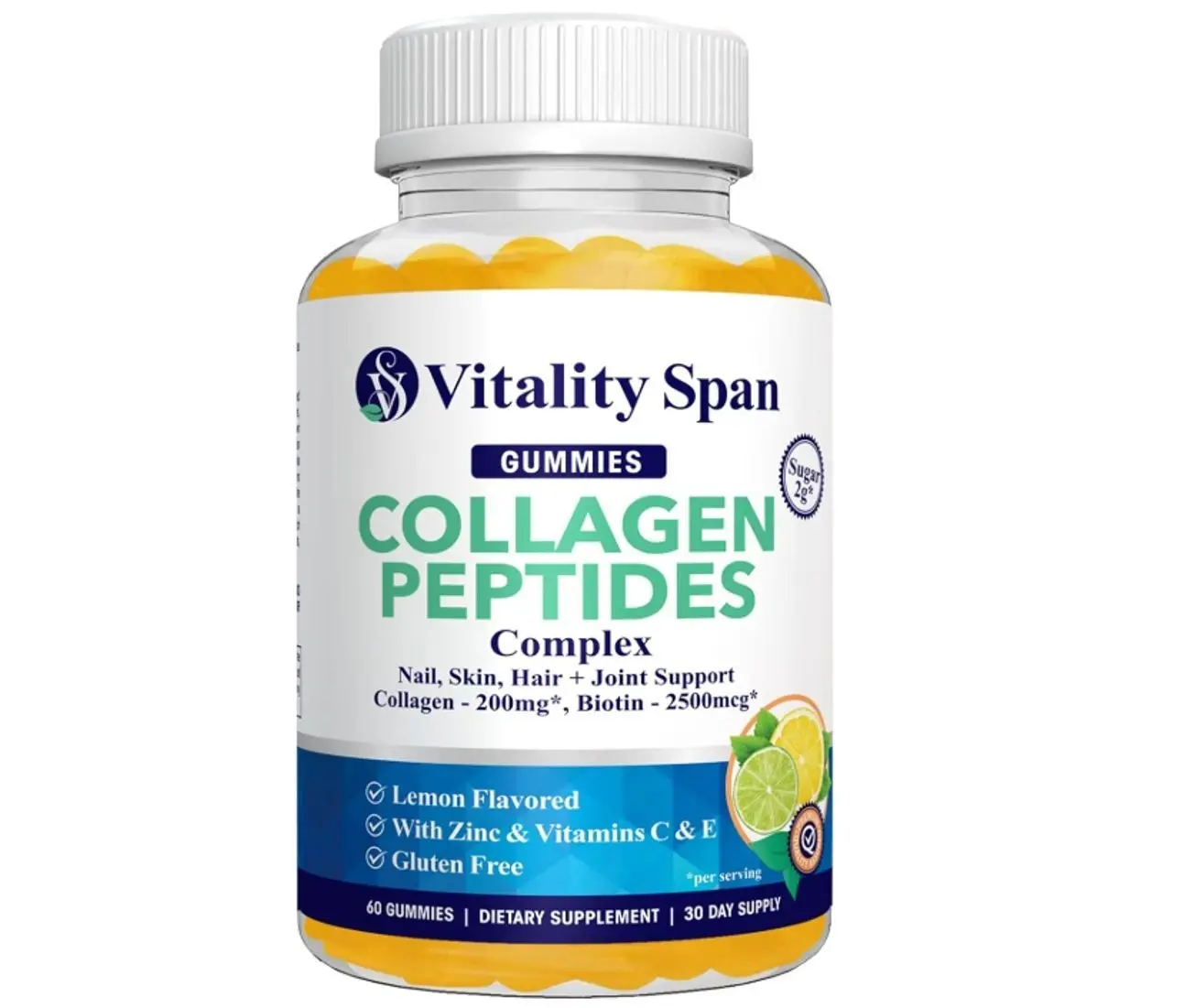 Collagen Gummies with Biotin (2500mcg), Vitamin C, E, Zinc, Low Sugar, Delicious Lemon Flavor, No Stick 60 Gummies, Made in USA