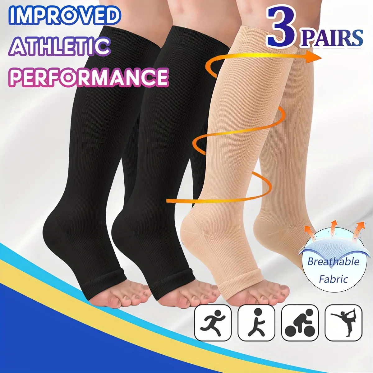 3 Pairs Knee High Open Toe Compression Socks for Women Men, Soft Breathable Stretchy Support Stockings, Comfort Pressure Leg Sleeves for Daily Walking, Travel, Running, Workout & Long Hour Standing