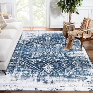 【GARVEE】Vintage Rug 5x7 Machine Washable Rugs Non-Slip Throw Rug Low Pile Living Room Rug Distessed Floor Carpet for Entrance Laundry, Navy