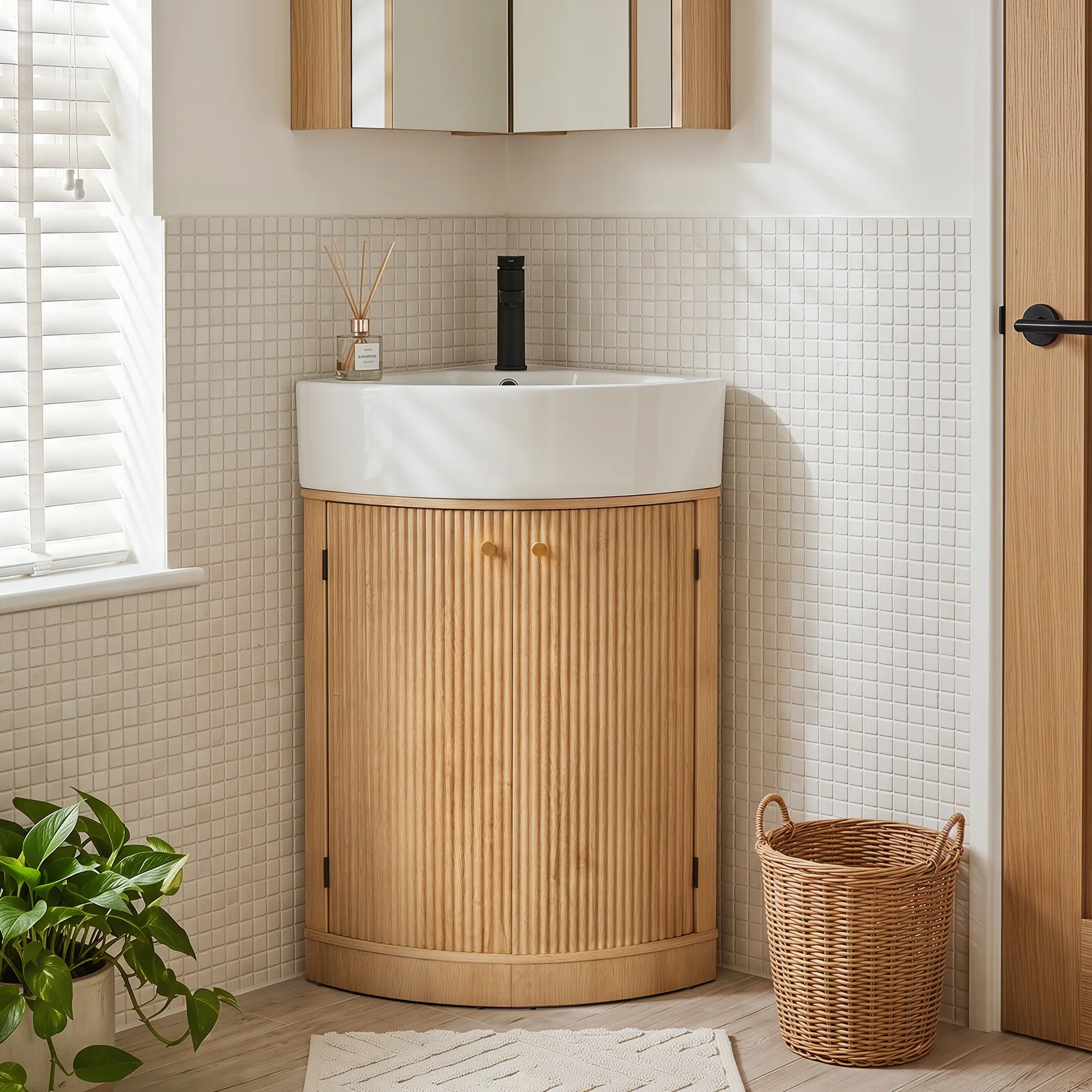 Giratree 23” Corner Bathroom Vanity with Ceramic Sink Combo for Small Space | Freestanding Curved Modern Bathroom Storage Vanity Cabinet with Fluted Wood Grain Texture