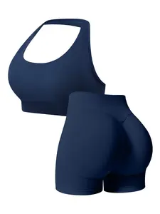 Women's Two-Piece Sports Set, Halter Top Design, Neckline & Shoulder Line Accent, Front Embroidered Seam, Short Pants, Unique Waistband, Athleisure Wear Set