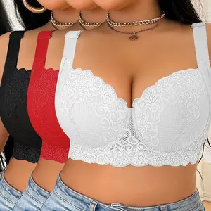 Mimilemon Comfort Plus Size Push-Up lace Bra Set 3PCS Full Coverage Minimizer T-shirt Bra Black White Red Adjustable Everyday Wear - Style