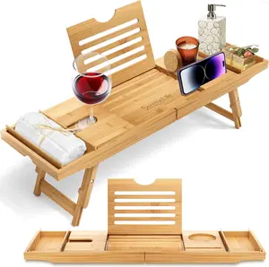 Natural Bamboo Bath Caddy Breakfast Tray Combo - Waterproof Tub and Bed with Folding Slide-Out Arms, Device Grooves, Wine Glass Soap Holder SereneLife