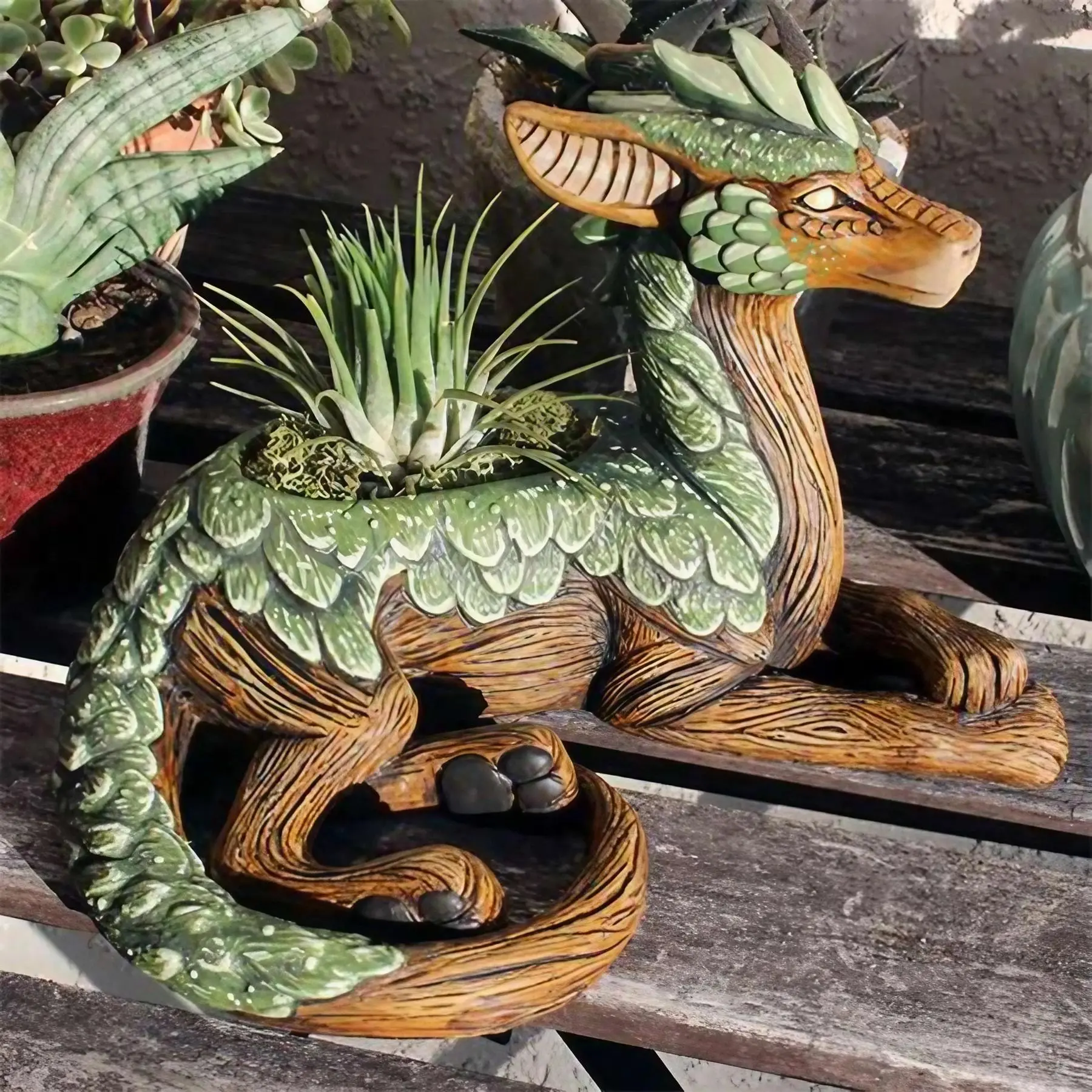 Wood Dragon Design Succulent Pot, Cute Dragon Design Succulent Planter, Desktop Decoration Ornament for Home Garden Office, Home Decor, Outdoor Planters, Carving, Dragon Motif, Resin Flower Pot, Unique Pots, Decorative Pot