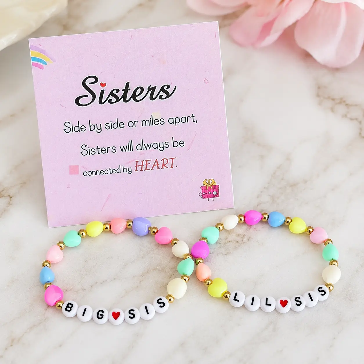 Big Sis & Lil Sis Pastel Heart Bracelets for Sisters, Matching Beaded Bracelet Set with Sisters Gift Card