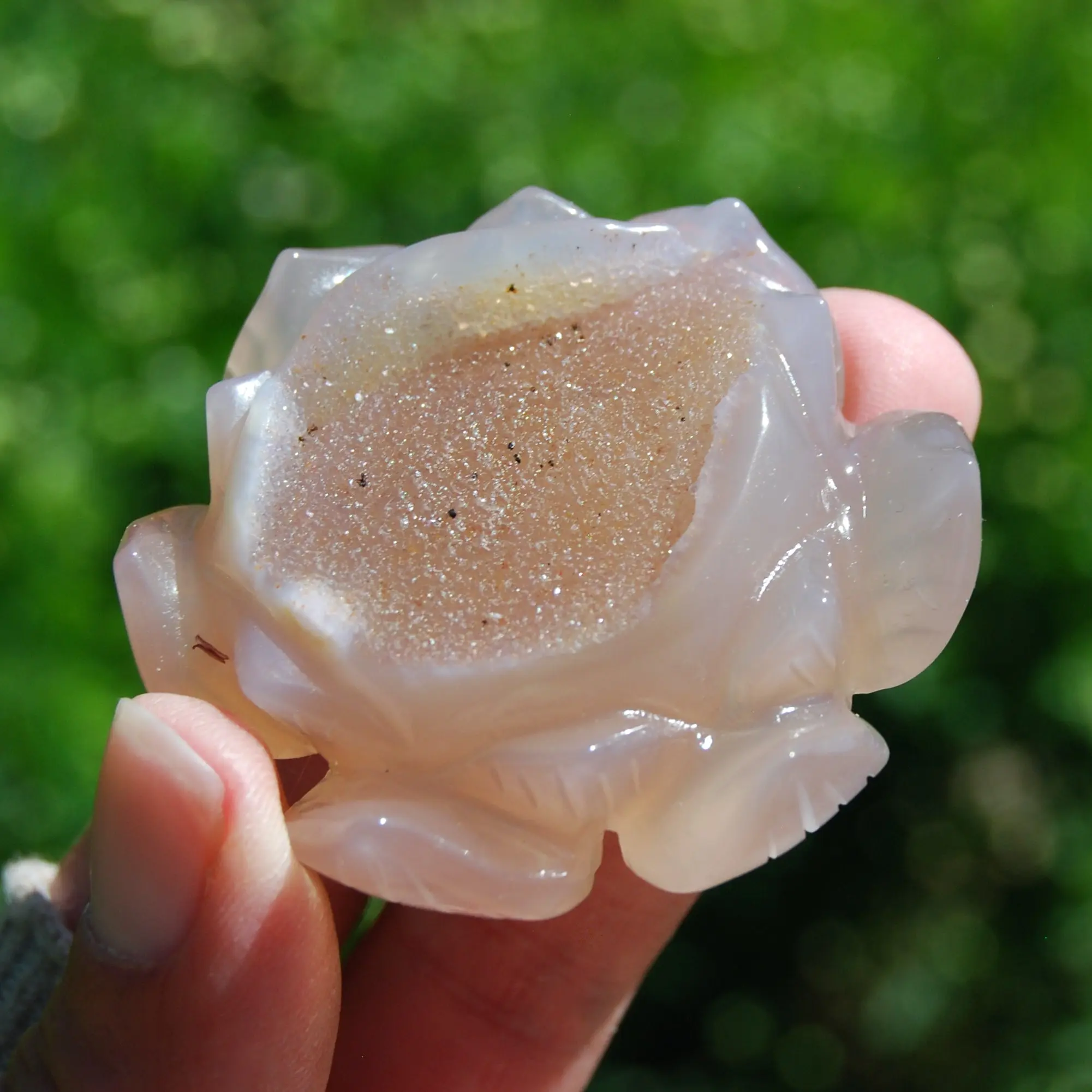 2.25in Agate Geode Carved Crystal Lotus Flower, Hand Carved Crystal Druzy
