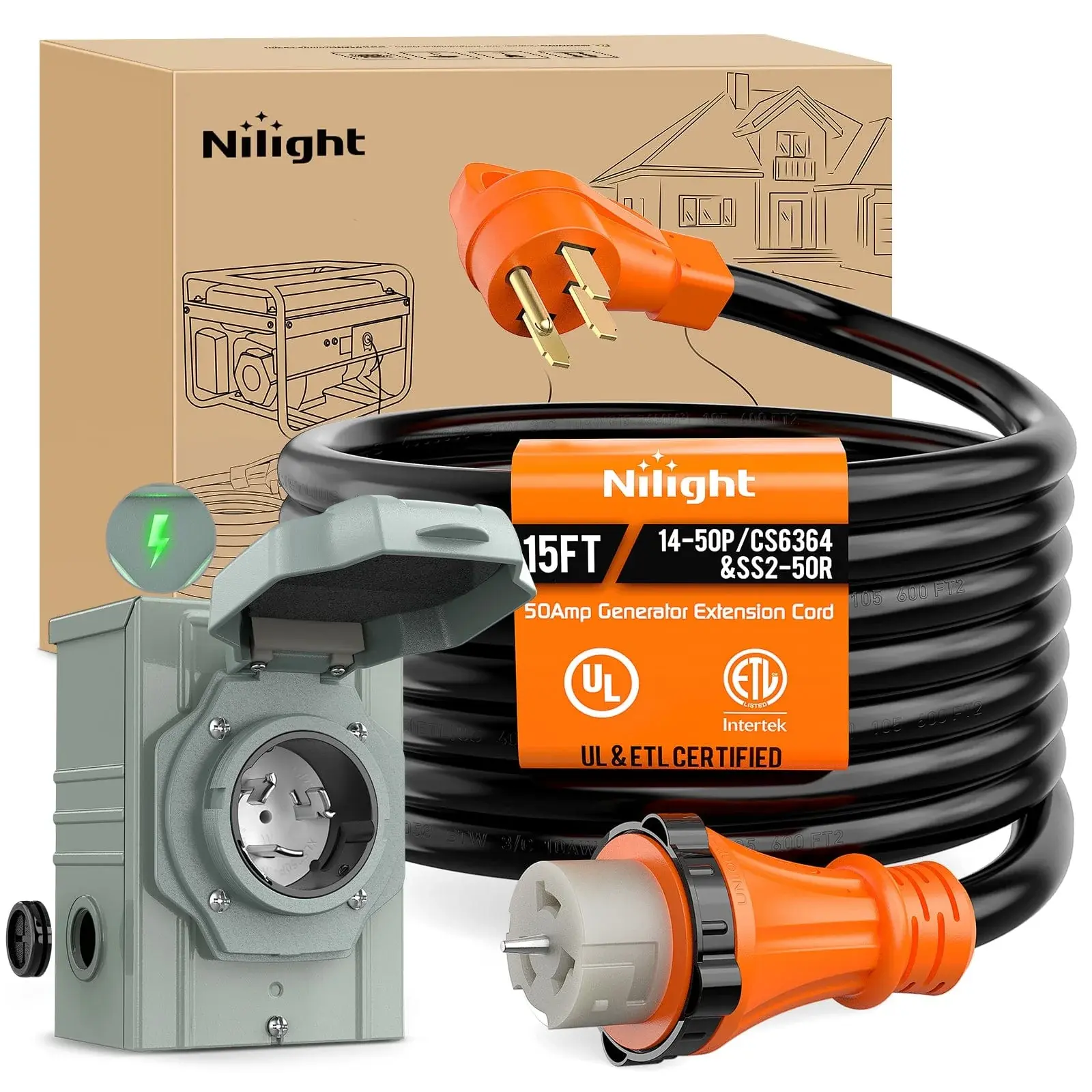 Nilight 50A Heavy-Duty Generator Extension Cord & Power Inlet Box Kit, 15FT 125/250V 6/3+1x8 Gauge STW ETL Listed, NEMA 14-50P/SS2-50R Twist Lock, 6250W Pure Copper Heat-Resilient PVC Sheath, Anti-Rust Coating Weatherproof for Outdoor RV Emergency Power