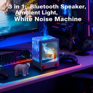 3-in-1 Desk Decor Bluetooth Speaker with Water Wave Projector LED Night Light and White Noise Machine 7-Color Mood Lighting USB Desktop Lamp for Office Focus Stress Relief and Creative Workspace Enhancement Audio Portable natural sound Wireless Device
