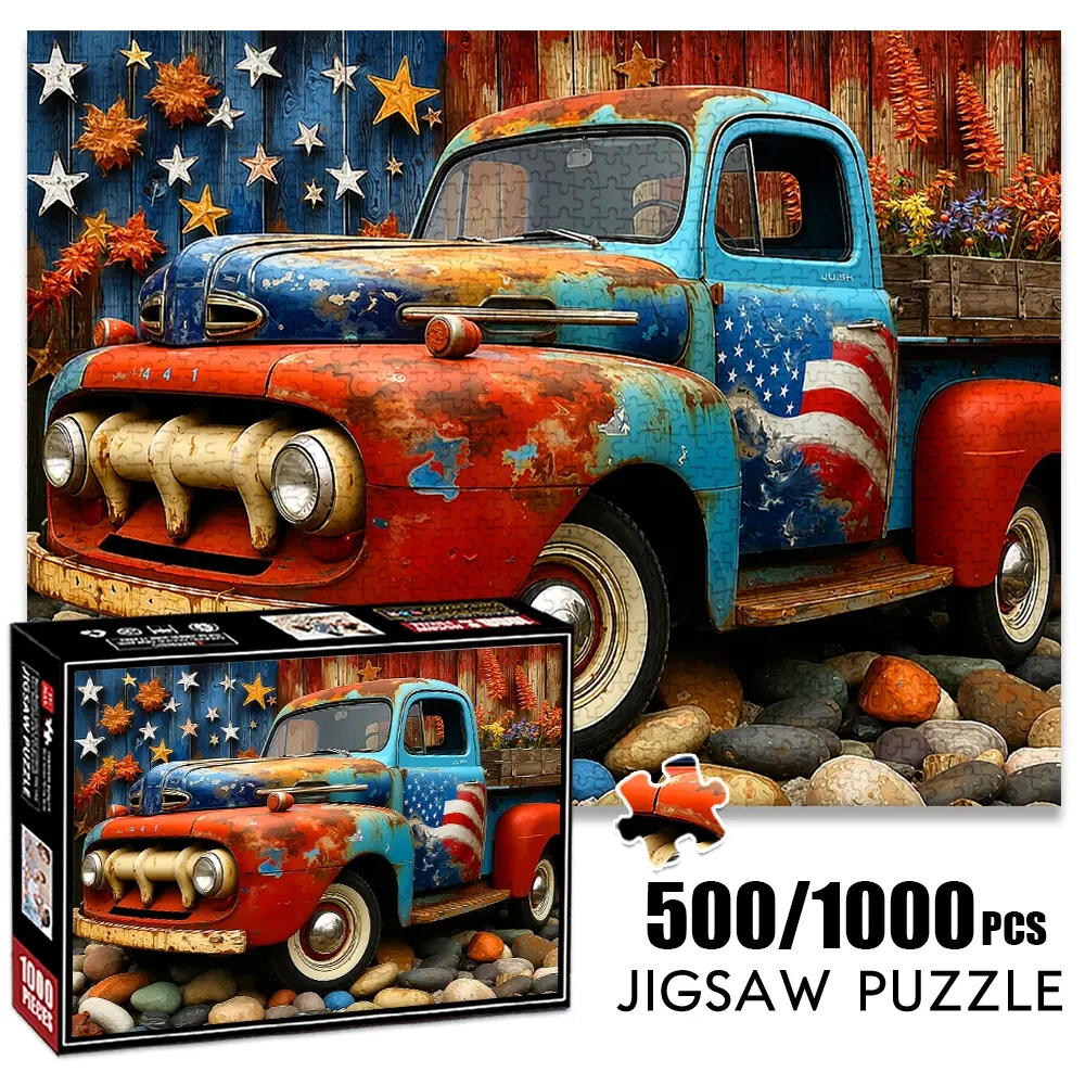 1pc 1000 piece adult puzzle 70x50cm Vintage Rustic Pickup Truck with American Flag Design 500 pieces of paper jigsaw puzzle, suitable for adults and families, large-scale DIY puzzle interactive toy