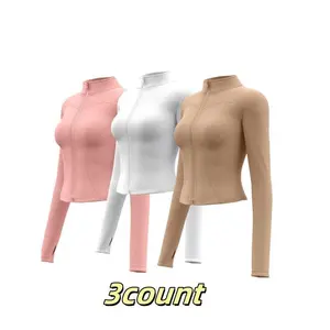 Women'sSolidThumbHoleZipUpSportsJacket,LongSleeveStandCollarZipFrontOuterwearforGymWorkoutRunning,LadiesSportswearforAllSeasons