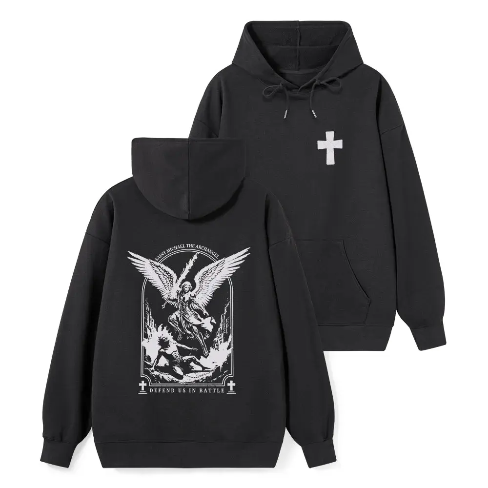 Saint Michael The Archangel Defend Us In Battle Vintage Print Double Sided Christian Black Hoodie