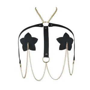 CCbodily Black PU Leather Metal Chain Nipple Cover with Choker, Reusable Heart-shaped Pasties Bra Sexy Bondage Body Chain