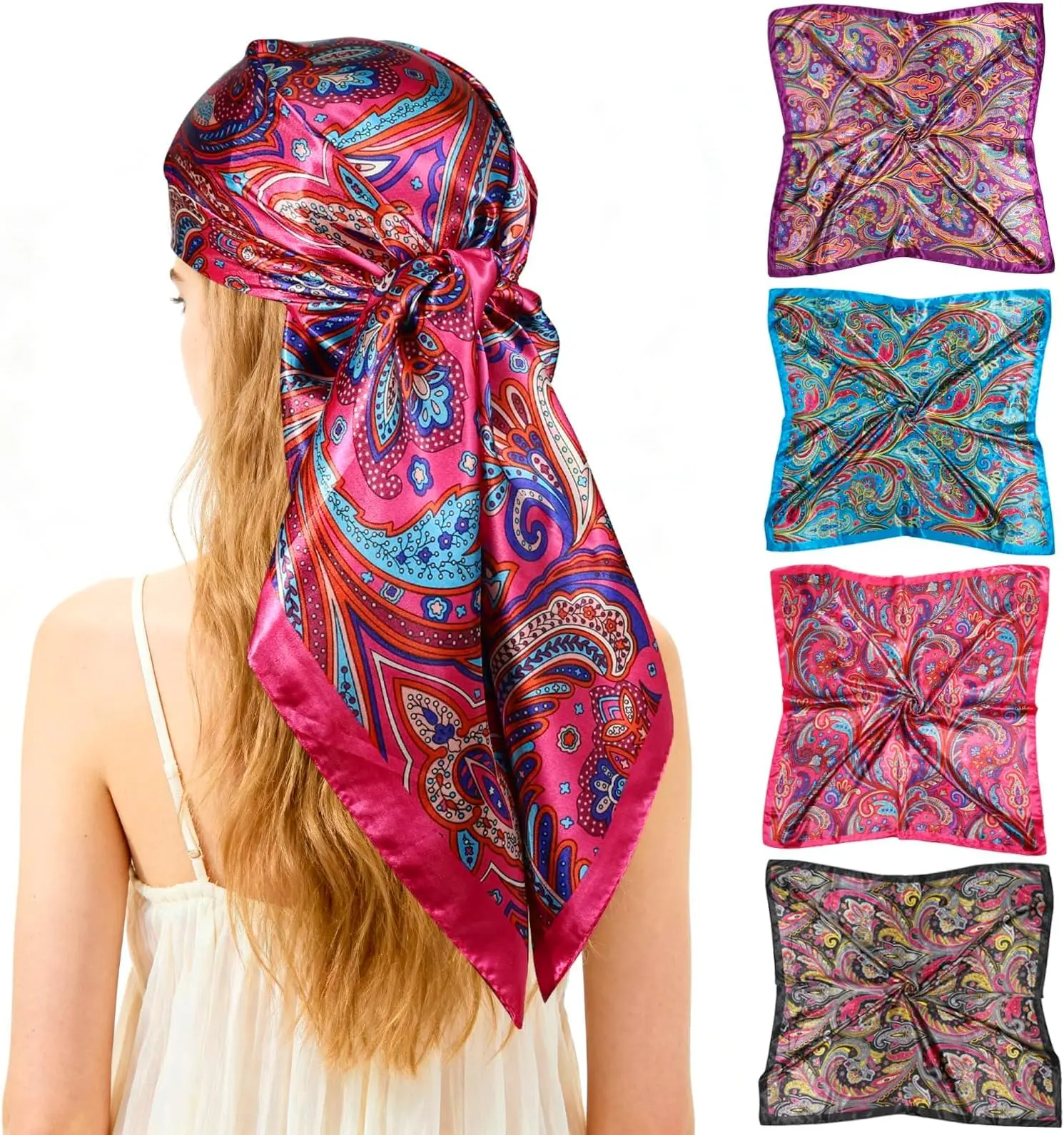 35" Silk Head Scarf for Women, 4 Pcs Satin Hair Scarf Square Silk Bandana Top Neck Scarves Hair Wraps for Sleeping