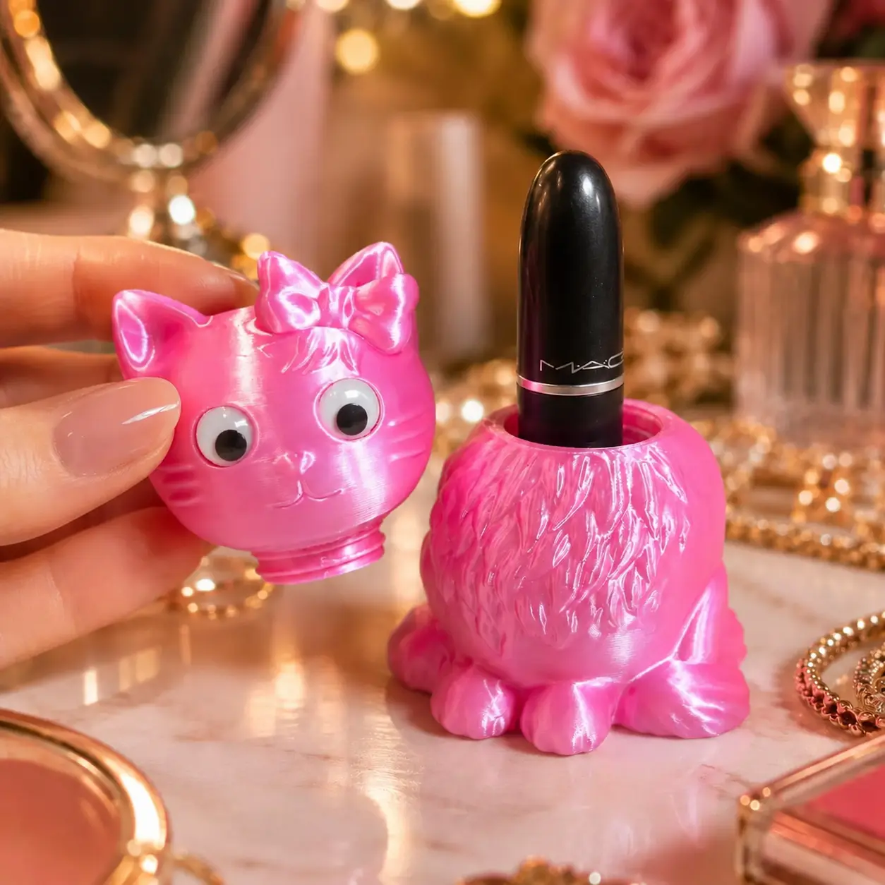 Cat Lipstick Keychain Holder | 3D Printed Cute Makeup Organizer | Kawaii Lip Balm & Lipstick Storage