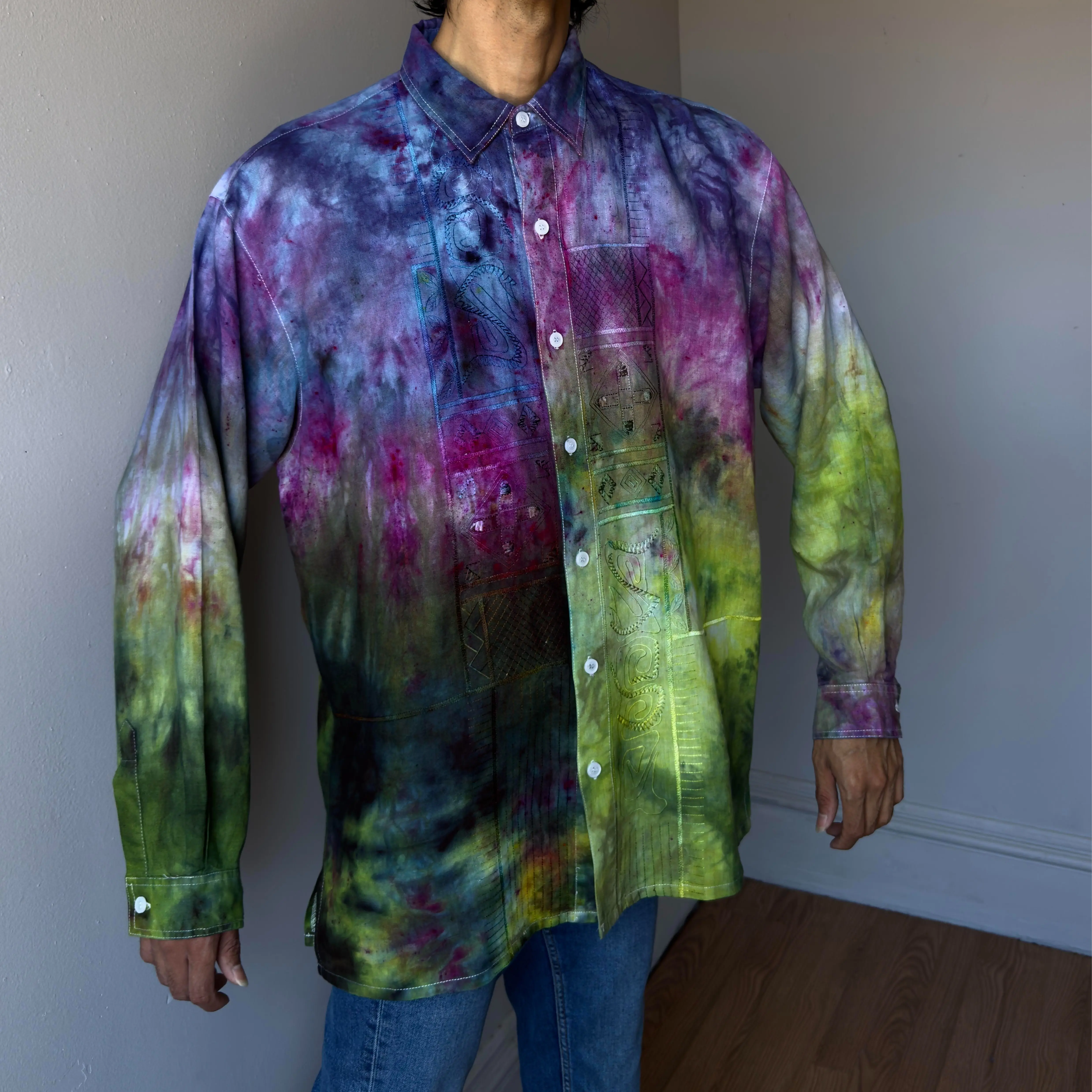 Men’s L Galaxy rainbow button up shirt embroidered collared Linen Top