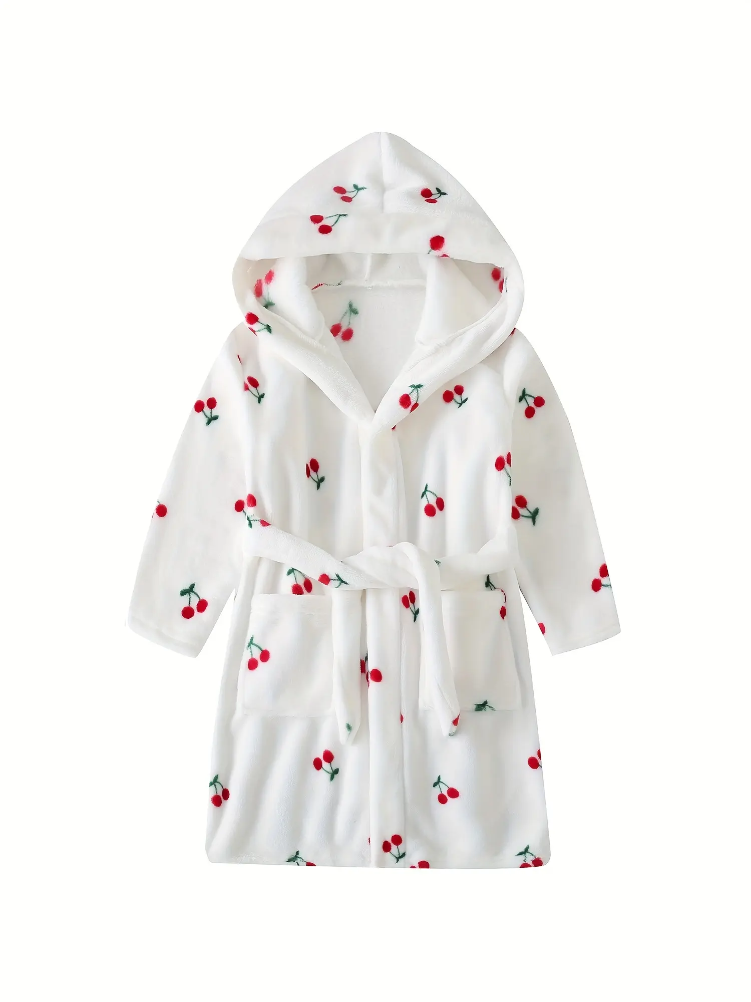 Toddler Girls' Cute Cherry Print Hooded Fleece Bathrobe - Polyester Clothes, Long Sleeve Cute Girly Bathrobes, Ultra Soft Plush Flannel Twist Design, Warm Sleepwear with Pockets, Waist Belt, Ideal for Bath, Spa, Holiday Gift, Child Size Bathrobes