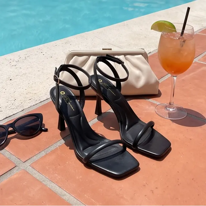【4 CLICHÉ】Elegant buckle stiletto sandals, women's sandals, black ankle strap square toe high-heeled sandals, summer sandals, suitable for weddings, holidays, Teacher's Day, parties, gatherings and other occasions. Girl Shoe