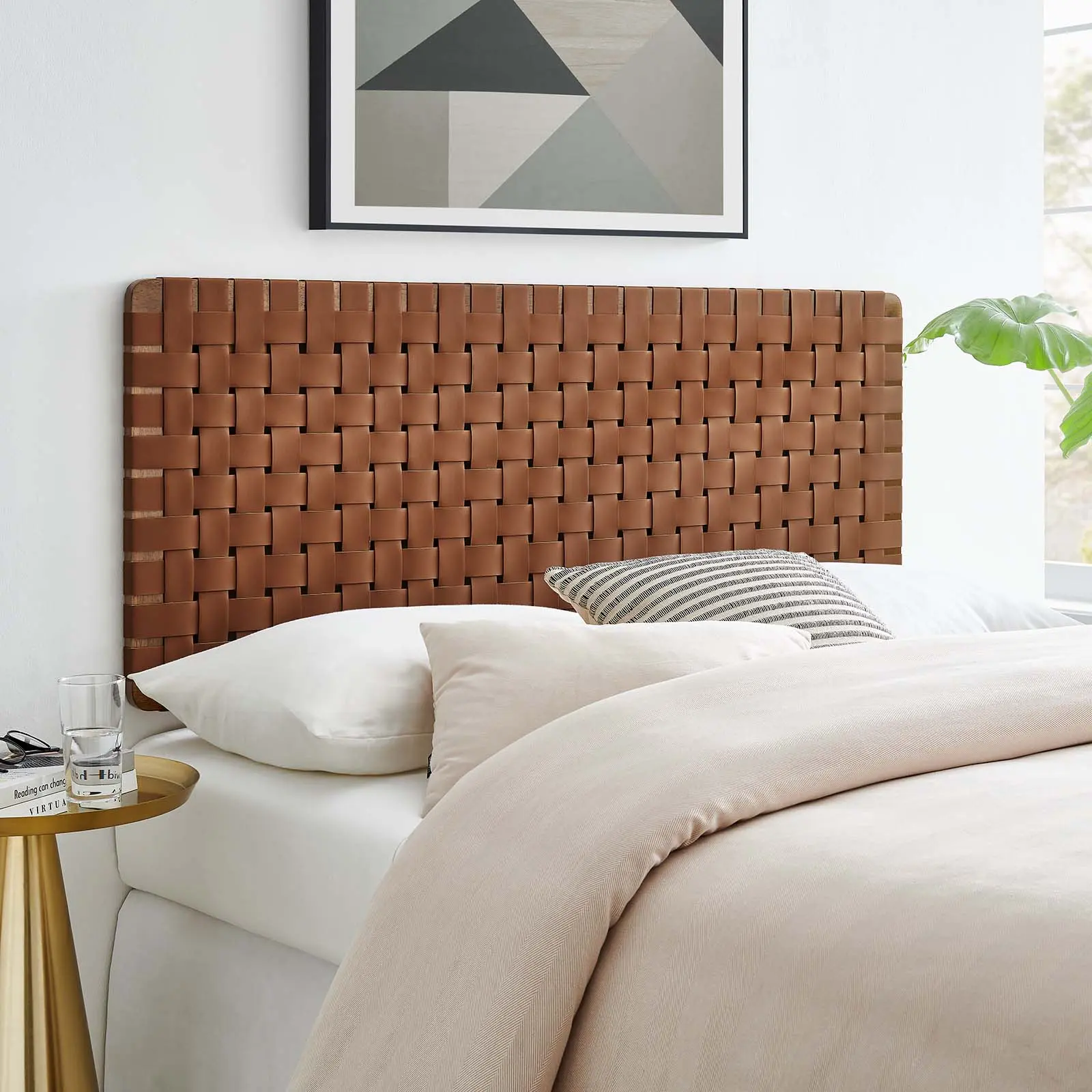 Modway Sparta Weave Adjustable Full Vegan Leather Headboard, Walnut Brown Indoor Furniture Bed Frame Accessory, Adjustable Headboard