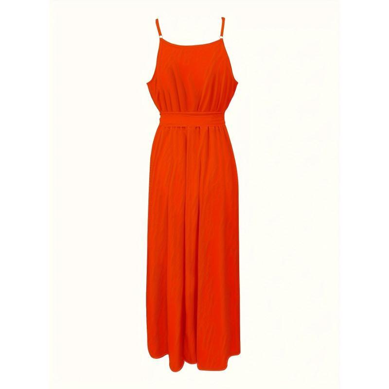 Ruffle Trim Sleeveless Cami Dress, Tie-waist Strap Maxi Length Dress, Women's Clothing Elegant Loose Midi Flowery Backless Mini white  dress  girl shein body con summer  outfits prom chain decor Renaissance Lace-Up drop  waist  gown