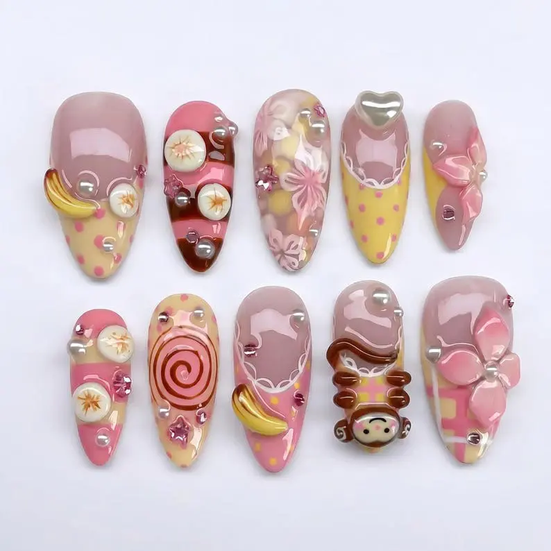 Mismatched Kawaii Press on Nails with 3D Monkey, Banana & Pink Flower | Fake Nails in Almond | Sweet Pastel Handmade Art