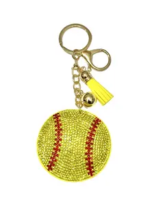 Softball Yellow Bling Keychain, Rhinestone design, Tassel Decor Sport Keychain for Men, Women, Kids Bling Backpack Keyrings, Purse Charms
