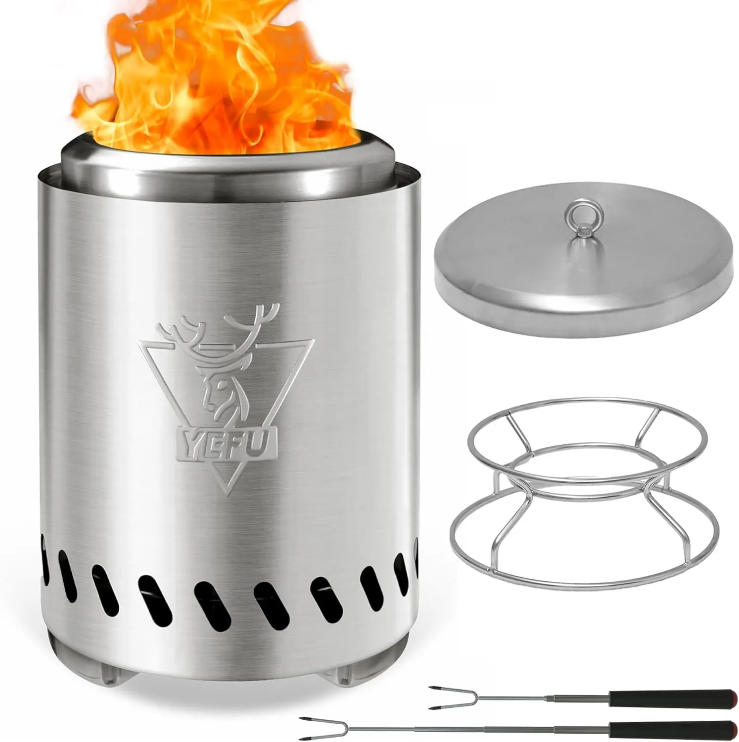 19-in Round Smokeless Wood Fire Pit for Adults - 304 Stainless Steel Silver Heavy-Duty Model with Removable Ash Pan, Low-Smoke Clean-Burning Design, Portable for Decks, Beaches, Patio Backyard Use, Heavy Duty Steel, 19 Inch
