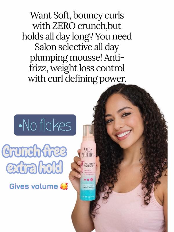 All day Plumping mousse salon selectives, anti frizz,weightless control,curl defining, crunch free extra hold mousse Nt wt 4oz-113g