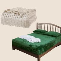 Waffle Blanket Oatmeal/Q & Fitted Sheet Green/K