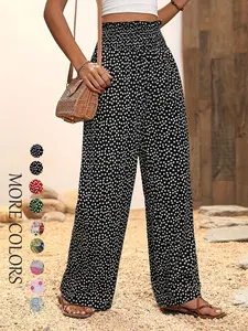 Women's Ditsy Floral Print Shirred Wide Leg Pants, Boho Frill Trim High Waist Trousers, Bohemian Trousers for Spring & Fall, Women's Bottoms for Daily Wear, Baggy Leggings