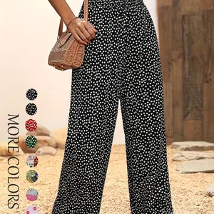 Women's Ditsy Floral Print Shirred Wide Leg Pants, Boho Frill Trim High Waist Trousers, Bohemian Trousers for Spring & Fall, Women's Bottoms for Daily Wear, Baggy Leggings