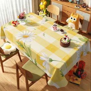 Tablecloth 1PC Yellow White Checkered Daisy Print Tablecloth, Bright Buffalo Plaid with White Daisy Pattern, Indoor Outdoor Dining Cover, Machine Washable, Square/Rectangular, Multiple Sizes Available