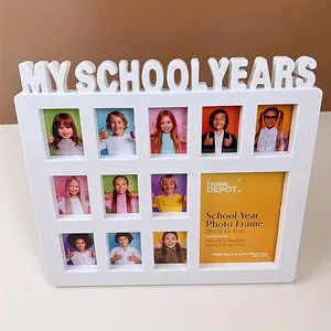 Bohemian Rustic My School Years Photo Frame, Square Frame, 3D Wall Decor, PVC Multi-Picture Display, Space for 12 Photos, Perfect for Home & Nursery