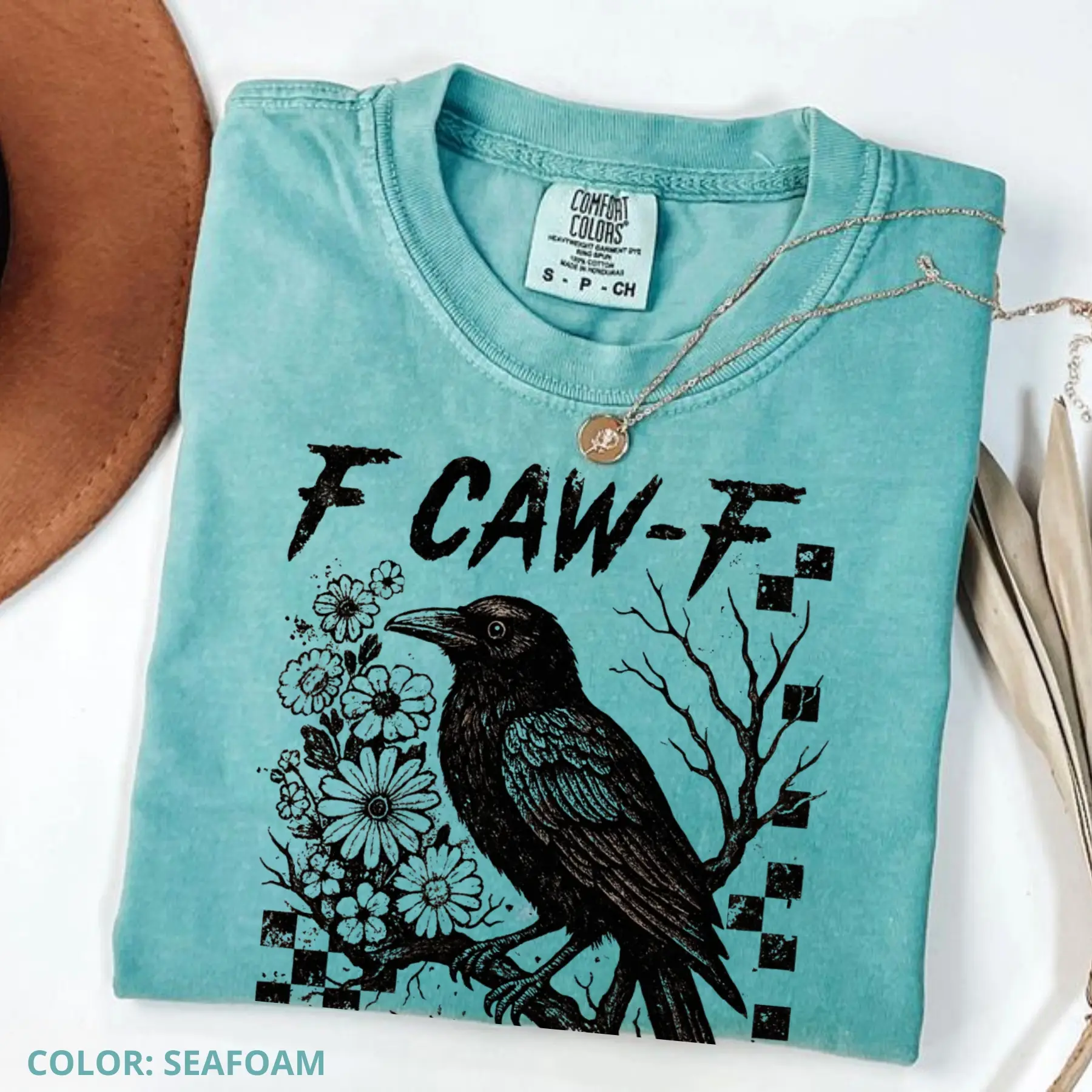 Comfort Colors Crow Raven Shirt, F-CAW-F Funny Halloween Shirt, Dark Bird Shirt, Gothic Floral Checkered Tee, Spooky Grunge Teed Relaxed Fit