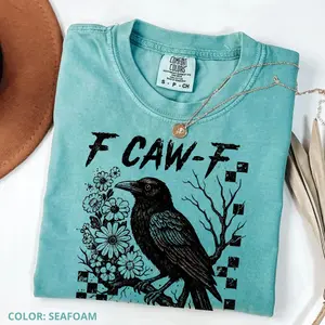 Comfort Colors Crow Raven Shirt, F-CAW-F Funny Halloween Shirt, Dark Bird Shirt, Gothic Floral Checkered Tee, Spooky Grunge Teed Relaxed Fit