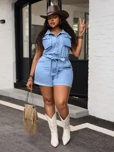 Women's Plus Size Washed Denim Romper, Comfortable & Stylish One-Piece, Perfect for Casual Wear, Trendy Ladies' Clothing