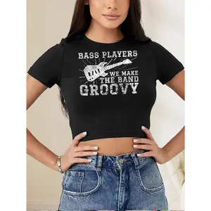 Women's Bass Guitar Crop Top - Bassist Graphic Tee with Round Neck Short Sleeve Shirt |   Bass Player Design Suitable for Concert Wear, Music-Themed Outfits, Band Gifts, Machine Washable All-Season Casual Top for Musicians & Music Fans